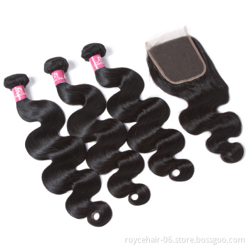 Royce Cheap Wholesale Price Brazilian human hair Bundles with lace closure Body weave Human Hair Extensions